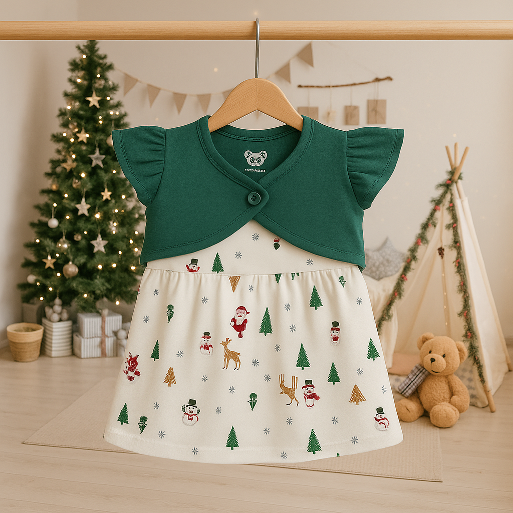 ✨Festive Flair for Little one, printed Frock with Shrugs🎄❤️               10% Off + Free Delivery