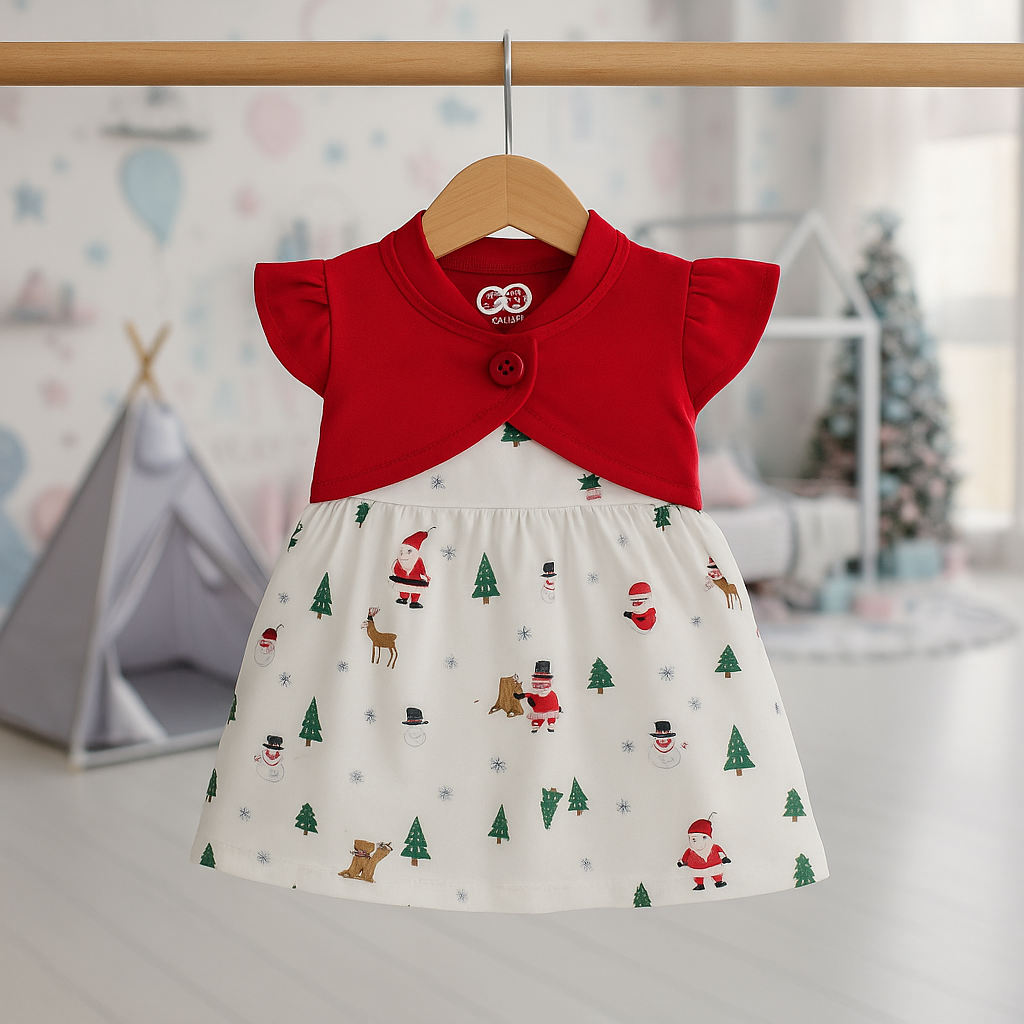 ✨Festive Flair for Little one, printed Frock with Shrugs🎄❤️                                                                                                                                   10% Off + Free Delivery