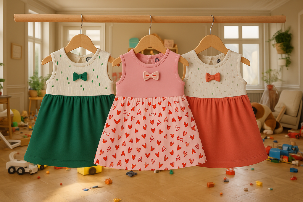 Triple the cuteness, triple the style! 🌈👧 Three adorable sleeveless dresses – green teardrop, pink heart & coral bow – in sizes M, L, XL.  🚀 10% Off + Free Delivery