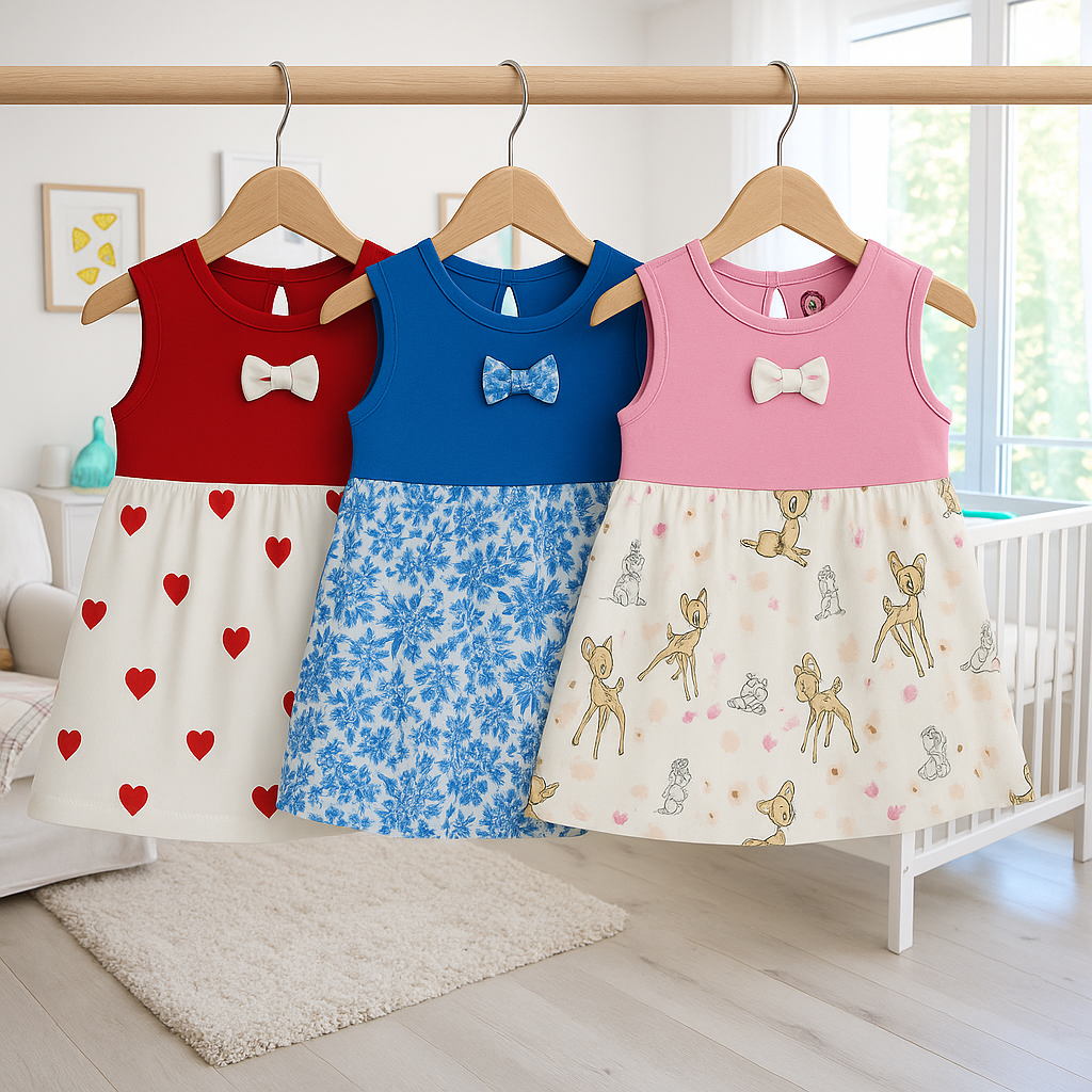 Catch the cuteness! 🌟 Triple dress combo – red hearts, blue snowflakes & pink deer in sizes M, L, XL.            10% Off + Free Delivery