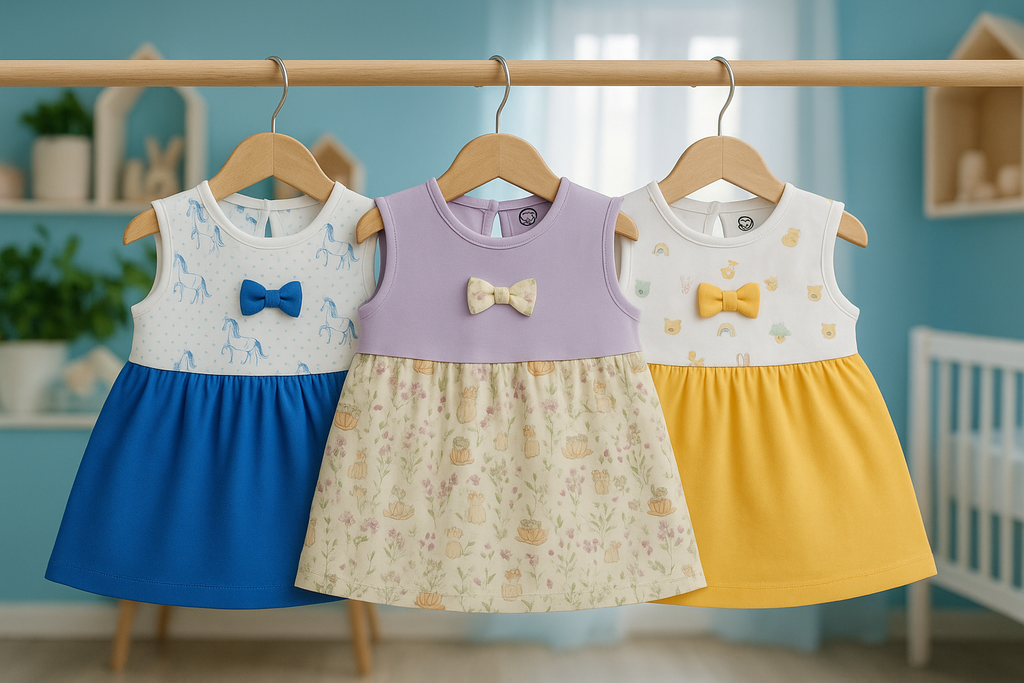 Triple‑treat combo pack – three adorable sleeveless dresses in sizes M, L, XL blue horse, lavender floral & yellow cat prints full set for non‑stop cuteness! 10% Off + Free Delivery