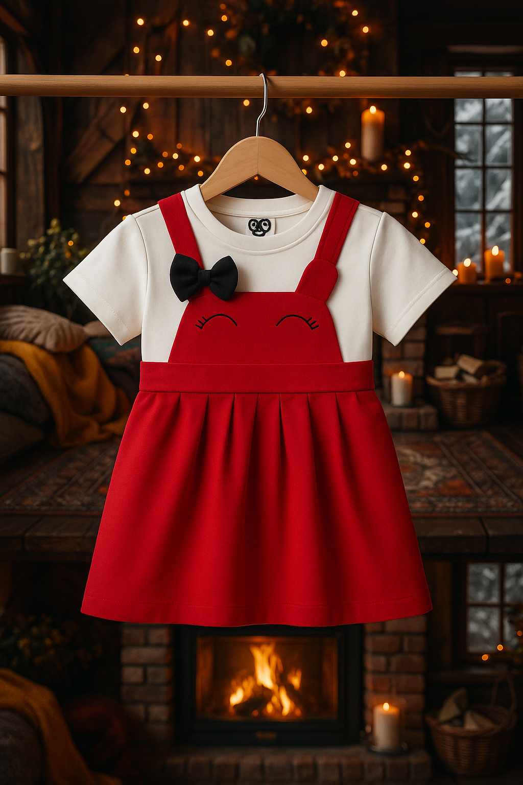 Cute toddler red pinafore dress with black bow & eyelash Cristmas Special Frock👧✨ 10% Off + Free Delivery