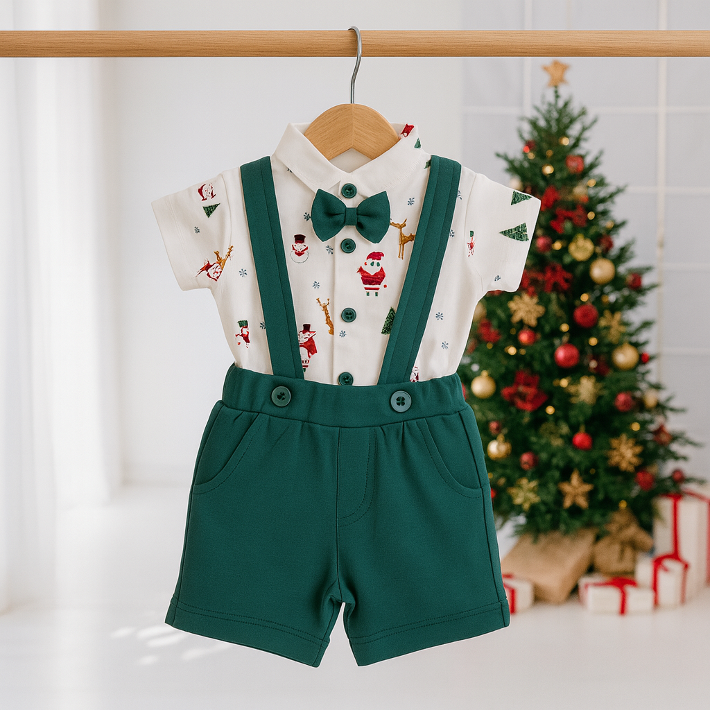 Christmas Special Festive holiday outfit for little ones! 🎄 White crisp shirt with green shorts and matching suspenders.                                                                                               10% Off + Free Delivery