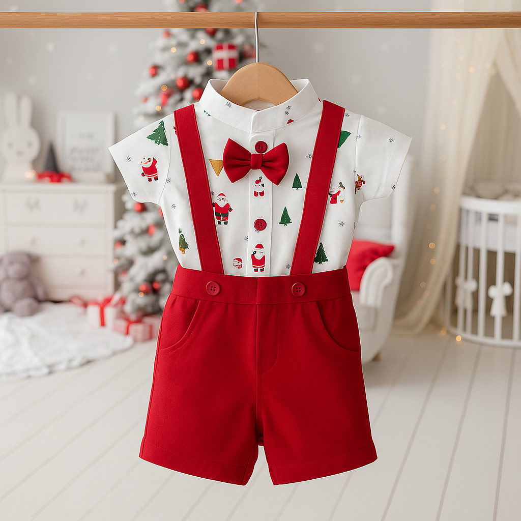 Christmas Special Festive holiday outfit for little ones! 🎄 White crisp shirt with red shorts and matching suspenders.                                                 10% Off + Free Delivery