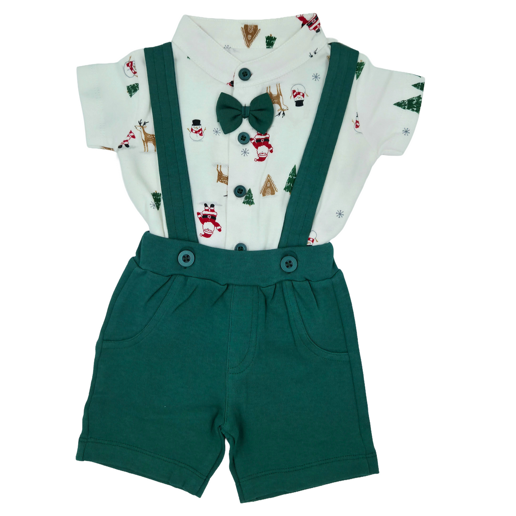 Christmas Special Festive holiday outfit for little ones! 🎄 White crisp shirt with green shorts and matching suspenders.                                                                                               10% Off + Free Delivery