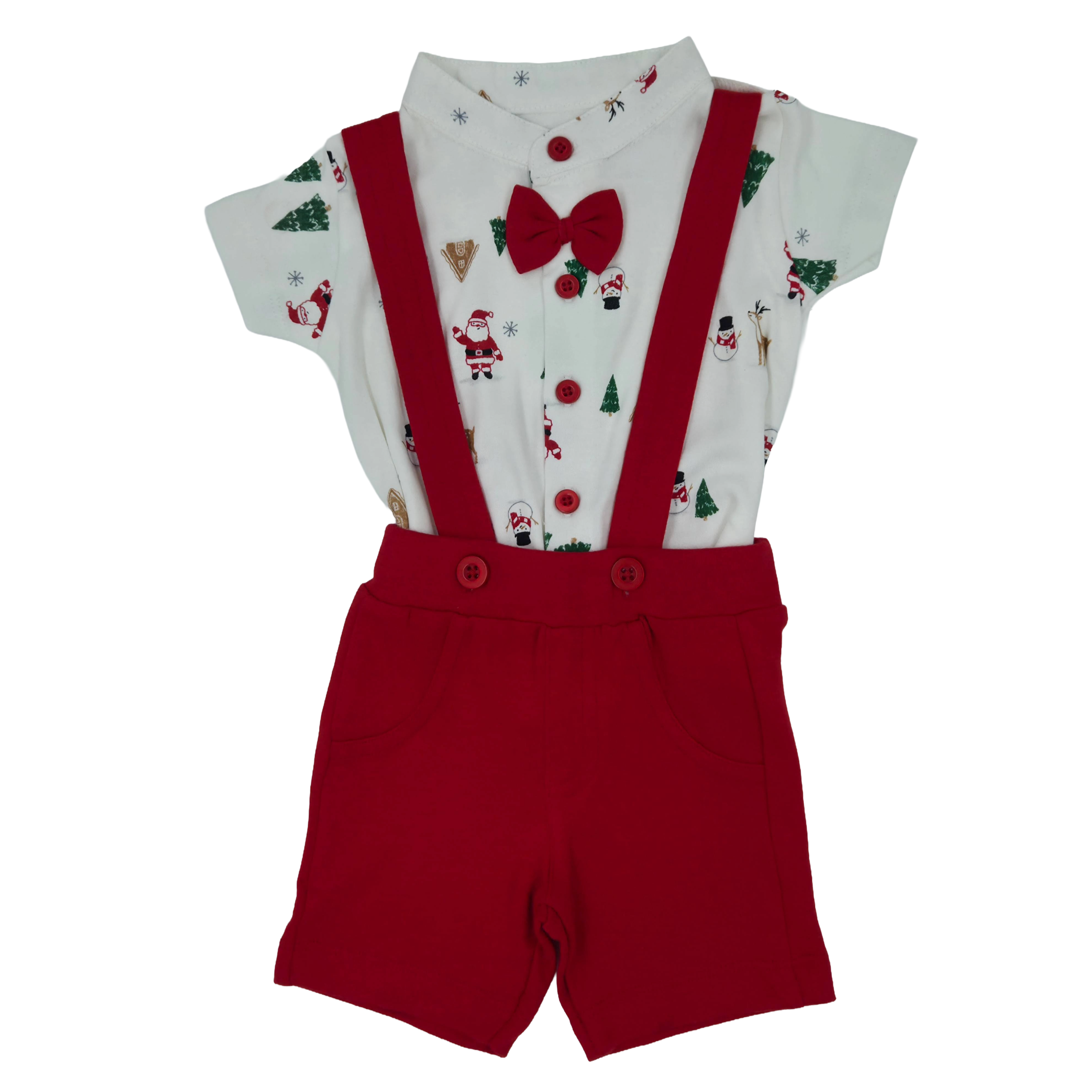 Christmas Special Festive holiday outfit for little ones! 🎄 White crisp shirt with red shorts and matching suspenders.                                                 10% Off + Free Delivery