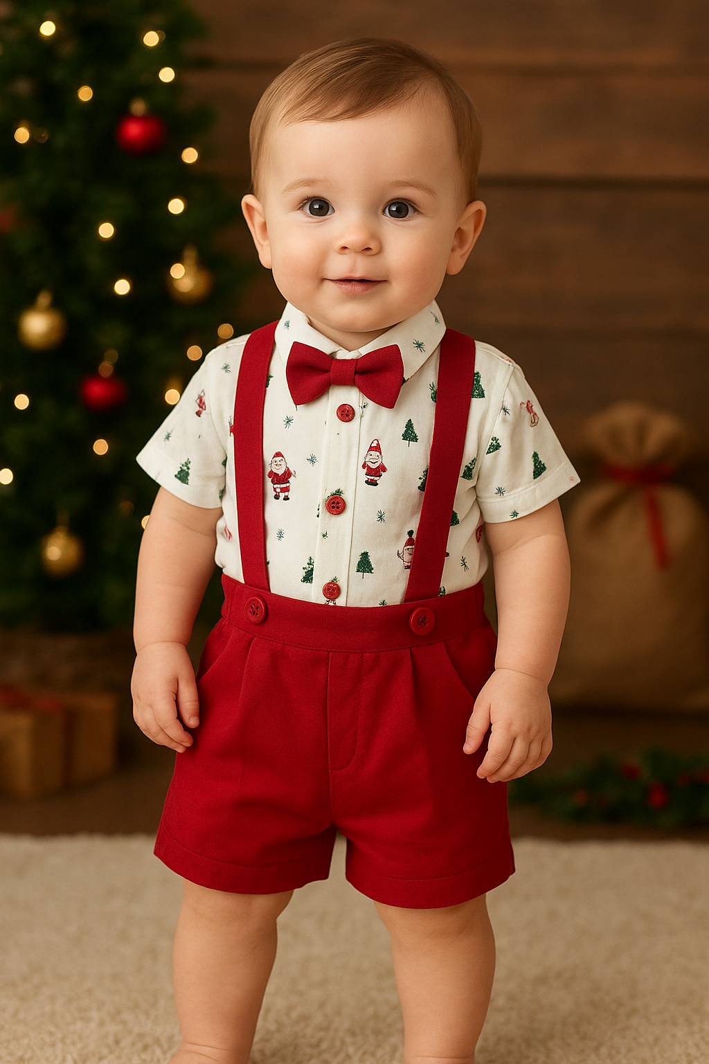 Christmas Special Festive holiday outfit for little ones! 🎄 White crisp shirt with red shorts and matching suspenders.                                                 10% Off + Free Delivery
